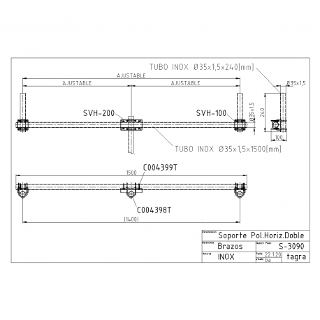 S-3090 - SUPPORT POL HORITZ. DOUBLE TUBE INOX 1500 MM - 