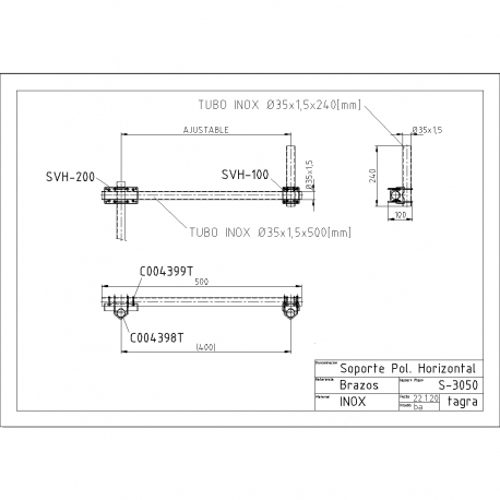 S-3050 - SUPPORT POL HORITZ. TUBE INOX 500 MM - 