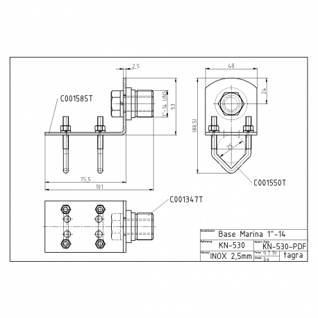 KN-530 - FIXED MARINE BASE STAINLESS STEEL MAST 1'' THREAD - 