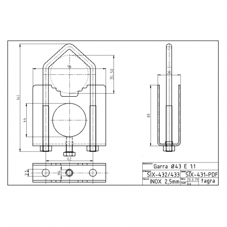 SIX-431 - SUPPORT BRIDE ACIER INOX POUR MÂT 43 MM - 