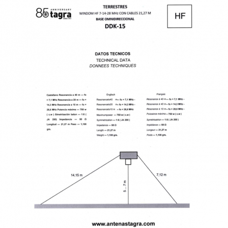 DDK-15 - WINDOW HF 7⁠-⁠14⁠-⁠28 MHz CON CABLES 21,27 M - 