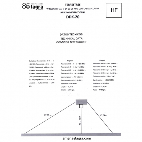 DDK-20 - WINDOW HF 3,7⁠-⁠7⁠-⁠14⁠-⁠21⁠-⁠28 MHz CON CABLES 41,40 M - 